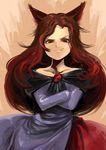  animal_ears brown_hair crossed_arms dress fang harusame_(unmei_no_ikasumi) imaizumi_kagerou long_hair long_sleeves raised_eyebrow red_eyes smile solo touhou wolf_ears 