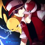  copyright_name gen_1_pokemon hat mishima_kurone pikachu pixiv_red poke_ball poke_ball_(generic) pokemon pokemon_(creature) red_(pokemon) red_eyes 