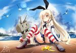  :&lt; ;&lt; banana_peel bird black_panties blonde_hair blush boots dated elbow_gloves gloves grey_footwear highres kantai_collection lifebuoy long_hair ocean one_eye_closed panties petite rensouhou-chan shimakaze_(kantai_collection) skirt striped striped_legwear tears thighhighs underwear white_gloves yellow_eyes yomi_yasou 