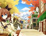  bench blue_eyes blue_sky book brown_hair building carriage city cloud day hair_ribbon lamppost long_hair looking_at_viewer lucena_winter mountain one_side_up original ribbon sitting sky solo tress_ribbon yuuhagi_(amaretto-no-natsu) 