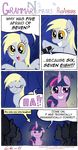  :/ absurd_res bad_joke blonde_hair blush comedian comic derp_eyes derpy_hooves_(mlp) dialog english_text equine female friendship_is_magic hair hi_res horn horse humor joke mammal multi-colored_hair my_little_pony pegasus pony purple_eyes purple_hair redapropos stand_up standing text twilight_sparkle_(mlp) winged_unicorn wings yellow_eyes 