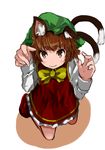  animal_ears blush bow bowtie brown_eyes brown_hair cat_ears cat_tail chen full_body green_hat hat kneeling long_sleeves multiple_tails saitou_(uzizane) shoes short_hair simple_background smile solo tail touhou white_background 