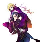  alois_trancy black_hair black_legwear blonde_hair blue_eyes carrying claude_faustus kuroshitsuji male_focus multiple_boys open_mouth smile thighhighs yellow_eyes 