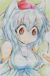  animal_ears bare_shoulders blush breasts colored_pencil_(medium) detached_sleeves hat highres inubashiri_momiji kitazinger large_breasts pointing_finger red_eyes short_hair sideboob solo_focus tokin_hat touhou traditional_media white_hair wolf_ears 