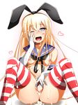  black_neckwear blonde_hair blue_eyes blush breasts cum cum_in_pussy cum_on_hair elbow_gloves gloves hair_ribbon hand_on_own_cheek heart heart-shaped_pupils highres kantai_collection long_hair looking_at_viewer medium_breasts neckerchief nipples one_eye_closed open_mouth pussy ribbon shimakaze_(kantai_collection) smile solo spread_pussy striped striped_legwear symbol-shaped_pupils thighhighs warabi_mochi_(ehimedaisuki) white_gloves 