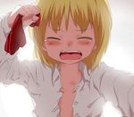  backlighting bad_id bad_pixiv_id blonde_hair blush collarbone commentary_request crying fangs hair_ribbon long_sleeves mizuga open_clothes open_mouth open_shirt pulling ribbon rumia shirt solo tears touhou 