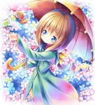  aikei_ake bad_id bad_pixiv_id blonde_hair blue_eyes bow coat flower leaf long_hair low-tied_long_hair original snail solo teruterubouzu turtleneck umbrella 