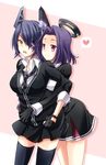  black_legwear eyepatch gloves headgear heart kantai_collection kubyou_azami mechanical_halo multiple_girls open_mouth purple_eyes purple_hair school_uniform short_hair smile tatsuta_(kantai_collection) tenryuu_(kantai_collection) thighhighs yellow_eyes 