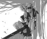  1girl awa_(ignorantremark) blood fan fishnets forehead_protector greyscale kunai monochrome naruto quad_tails solo standing temari torn_clothes tree weapon 