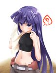  ? akatsuki_(log_horizon) flat_chest groin kanami_yuu log_horizon long_hair looking_at_viewer midriff navel ponytail purple_eyes purple_hair sleeveless sleeveless_turtleneck solo sweat towel turtleneck 