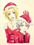  1boy 1girl :d bleach blonde_hair blue_eyes breasts christmas cleavage earrings fur_trim grey_hair hat hitsugaya_toushirou jewelry looking_at_viewer matsumoto_rangiku mole necklace open_mouth santa_hat short_hair smile 