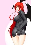 :p alternate_costume bat_wings breasts head_wings highres koakuma large_breasts long_hair looking_back naked_sweater niwatazumi pointy_ears red_eyes red_hair ribbed_sweater smile solo sweater tongue tongue_out touhou wings 