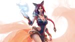  ahri alternate_color alternate_costume alternate_hair_color animal_ears arm_wrap armor armpits artist_name bell bell_collar blue_fire boots braid breasts cleavage collar cowboy_shot ewalabak facial_mark faulds fire fireball firefox fox_ears fox_tail foxfire_ahri hair_ornament highres jingle_bell large_breasts league_of_legends lips long_hair looking_down magic multiple_tails orange_eyes parted_lips pauldrons pelvic_curtain red_hair rope side_cutout simple_background solo tail vambraces very_long_hair wallpaper whisker_markings white_background widescreen wrist_wrap 