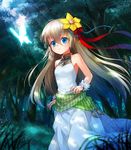  bad_id bad_pixiv_id blue_eyes brown_hair bug butterfly dress flower grass hair_flower hair_ornament insect long_hair nature noma_(kifyz23) original solo tree 