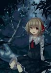  ascot black_dress blonde_hair dress fang forest hair_ribbon highres in_tree long_sleeves looking_at_viewer nature night open_mouth red_eyes ribbon rumia sh_(562835932) shirt sitting sitting_in_tree smile solo touhou tree 