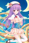  alternate_costume breasts cleavage crescent dress fred0092 highres long_hair looking_at_viewer patchouli_knowledge purple_eyes purple_hair small_breasts smile solo thighhighs touhou wrist_cuffs 