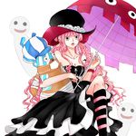  1girl bat_(symbol) dress ghost hat highres kneehighs kumacy one_piece patterned_legwear perona sabaody_archipelago socks solo strapless striped striped_legwear stuffed_toy tattoo two-tone_stripes watch wristwatch 