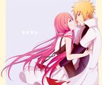  1girl blonde_hair blue_eyes cape cloak dress embrace eye_contact happy hug incipient_kiss long_hair looking_at_another namikaze_minato naruto pink_hair red_hair romance sei_(940925) simple_background smile spiked_hair spiky_hair text uzumaki_kushina very_long_hair white_background white_clothes 