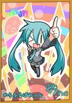  &gt;_o aqua_hair arm_up chibi chibi_miku detached_sleeves dog hamo_(dog) hatsune_miku long_hair minami_(colorful_palette) necktie one_eye_closed open_mouth pointing pointing_up skirt smile solo translated twintails vocaloid |_| 
