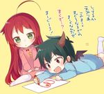  1girl :d :o ahoge blush chibi child crayon demon_horns drawing fang green_eyes green_hair hataraku_maou-sama! horns kindergarten_uniform lying maou_sadao mishima_kurone on_stomach open_mouth paper red_hair short_hair simple_background sitting smile translation_request v-shaped_eyebrows wariza wings yellow_background younger yusa_emi 