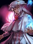  blue_fire capelet crescent dress fire floating_skull hair_ribbon half-closed_eyes hat inishie_kumo long_sleeves looking_at_viewer patchouli_knowledge purple_eyes purple_hair ribbon solo striped striped_dress touhou tress_ribbon 