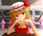  blonde_hair chin_rest elbow_rest flandre_scarlet gin_fuaru hat hat_ribbon head_rest head_tilt interlocked_fingers light_smile looking_at_viewer mob_cap pov_across_table puffy_short_sleeves puffy_sleeves red_eyes ribbon short_hair short_sleeves side_ponytail skirt skirt_set slit_pupils smile solo table touhou wings 