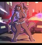  areola big_breasts breasts brown_hair clothing dracojeff feline female gun hair hand_cuffs panther ranged_weapon surprise vest weapon 