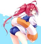  ass fang hair_ribbon i-168_(kantai_collection) innertube kantai_collection kubyou_azami long_hair looking_back one-piece_swimsuit ponytail red_eyes red_hair ribbon school_swimsuit school_uniform serafuku solo swimsuit swimsuit_under_clothes 