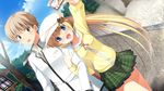  asasaka_meguri blonde_hair blush camera clouds game_cg hat hulotte ikegami_akane imouto_no_okage_de_mote_sugite_yabai long_hair seifuku short_hair skirt sky tree 