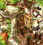  arm_up armband basket bike_shorts blue_eyes brown_hair day egg hair_ribbon long_hair looking_at_viewer lucena_winter one_side_up open_mouth original ribbon shading_eyes shorts shorts_under_skirt skirt smile solo translation_request tree tree_shade tress_ribbon yuuhagi_(amaretto-no-natsu) 