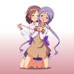  barefoot bdsm bondage bound bound_wrists brown_hair cato_(monocatienus) evil_grin evil_smile gradient gradient_background grin hairband hand_on_shoulder long_hair multiple_girls open_mouth purple_eyes purple_hair short_hair siblings sisters smile tears touhou tsukumo_benben tsukumo_yatsuhashi twintails you_gonna_get_raped yuri 