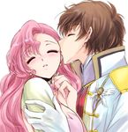  1girl blush brown_hair closed_eyes code_geass couple euphemia_li_britannia gloves hetero holding kiss kurimomo kururugi_suzaku long_hair pink_hair short_hair 