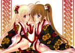  blonde_hair blue_eyes breasts brown_hair cleavage fate_testarossa hina_sasaki japanese_clothes kimono lyrical_nanoha mahou_shoujo_lyrical_nanoha_strikers multiple_girls ponytail red_eyes side_ponytail small_breasts takamachi_nanoha twintails 