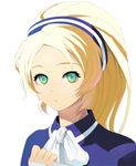  :o aralez blonde_hair blush border chou_shittou_caduceus green_eyes hairband looking_at_viewer lowres parted_lips simple_background solo tonegawa_anju upper_body white_background white_border 