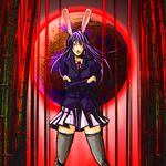  ajishio animal_ears bamboo bamboo_forest bunny_ears forest glowing glowing_eyes moon nature necktie pleated_skirt purple_hair red_eyes red_moon reisen_udongein_inaba skirt solo thighhighs touhou zettai_ryouiki 