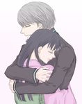  1girl amagi_yukiko black_hair couple gogono_pan'ya hetero hug long_hair narukami_yuu persona persona_4 