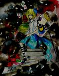  alice_margatroid alice_margatroid_(pc-98) blonde_hair blue_eyes book card crown floating_card flower kneehighs rose sakuma short_hair socks solo striped striped_legwear suspenders touhou touhou_(pc-98) traditional_media watercolor_(medium) 