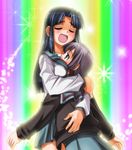  asakura_ryouko bad_id bad_pixiv_id between_breasts blue_eyes blue_hair breast_smother breasts cardigan hug kita_high_school_uniform lavender_hair lens_flare long_hair multiple_girls nagato_yuki rainbow school_uniform serafuku short_hair suzumiya_haruhi_no_yuuutsu umekichi yuri 