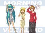  adjusting_hair arms_up brushing_teeth cup hadairo_rainbow hangover hatsune_miku kagamine_rin meiko morning multiple_girls pajamas shirt_slip vocaloid 