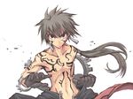  black_eyes black_hair bracelet clenched_hand copyright_request earrings full_body_tattoo gloves jewelry long_hair male_focus ponytail satomi serious shirtless solo tattoo white_background 