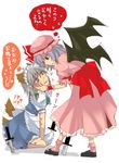  animal_ears asana bat_wings blood blue_eyes blue_hair blush braid dog_ears dog_tail hat izayoi_sakuya kemonomimi_mode knife maid multiple_girls nosebleed red_eyes remilia_scarlet ribbon short_hair silver_hair tail tail_wagging touhou translated twin_braids vampire wings 