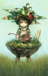  brown_hair empty_eyes flower grass hat mouth_hold original plant plant_girl soil solo torikawa watering_can 