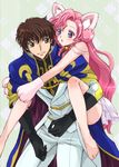  1girl animal_ears bad_feet barefoot brown_hair cape carrying cat_ears cat_paws code_geass double_bun euphemia_li_britannia feet gloves green_eyes holding hug knights_of_the_round_uniform kurimomo kururugi_suzaku legs long_hair paws piggyback pink_hair purple_eyes short_hair smile 