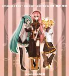  3girls aqua_hair bad_id bad_pixiv_id boots detached_sleeves hatsune_miku headset kagamine_len kagamine_rin knee_boots megurine_luka mitsuka multiple_girls necktie skirt thighhighs twintails vocaloid 