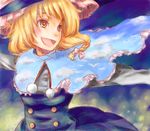  :d black_dress blonde_hair blush braid capelet dress hat kirisame_marisa long_sleeves open_mouth pom_pom_(clothes) single_braid smile solo takanashi_minato touhou upper_body witch_hat yellow_eyes 