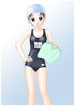  copyright_request kickboard one-piece_swimsuit school_swimsuit smile solo swim_cap swimsuit takafumi 