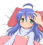  :&lt; ahoge bed blue_hair green_eyes izumi_konata lee_(monsterheart) lucky_star pajamas solo_focus under_covers 