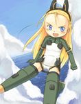  :d ahoge animal_ears armor bad_id bad_pixiv_id blonde_hair blue_eyes blush clenched_hand cloud day elise_von_dietrich fake_animal_ears fang flat_chest flying gloves green_gloves hairband headgear leotard long_hair looking_at_viewer motion_slit ocean okiami open_mouth outdoors parody pilot_suit sky sky_girls smile solo spread_legs striker_unit turtleneck v-shaped_eyebrows very_long_hair water white_leotard world_witches_series 