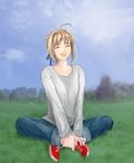  ahoge artist_request artoria_pendragon_(all) blonde_hair casual denim fate/stay_night fate_(series) grass hair_ribbon happy indian_style jeans laughing pants ribbon saber shirt shoes sitting smile sneakers solo t-shirt 