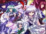  animal_ears bad_id bad_pixiv_id banned_artist blazer blue_hair braid bunny_ears closed_eyes detached_sleeves finger_gun gloves green_hair hairband hat hitodama izayoi_sakuya jacket knife kochiya_sanae konpaku_youmu konpaku_youmu_(ghost) multiple_girls nagae_iku necktie onozuka_komachi purple_hair red_eyes red_hair reisen_udongein_inaba short_hair silver_hair stage_connection suisen sword touhou twin_braids weapon 